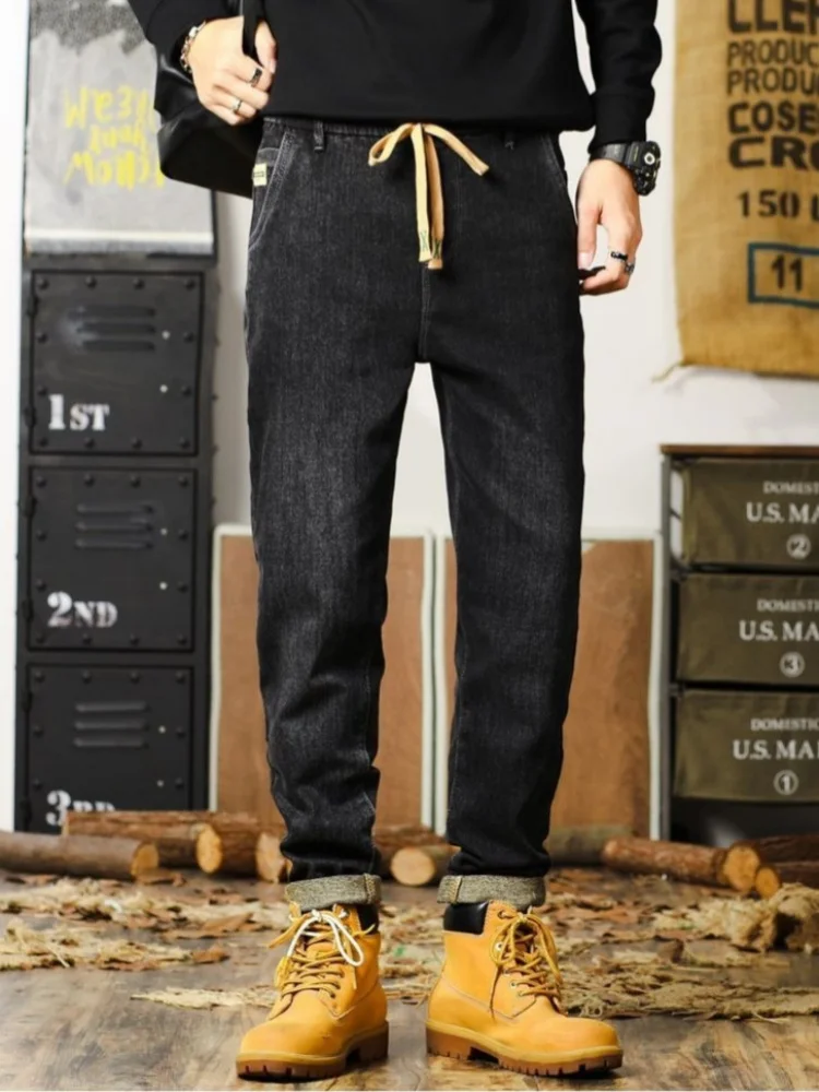 

Мужские винтажные стрейчевые повседневные джинсы с эластичным поясом на шнурке, свободные длинные брюки прямого кроя, весна-осень