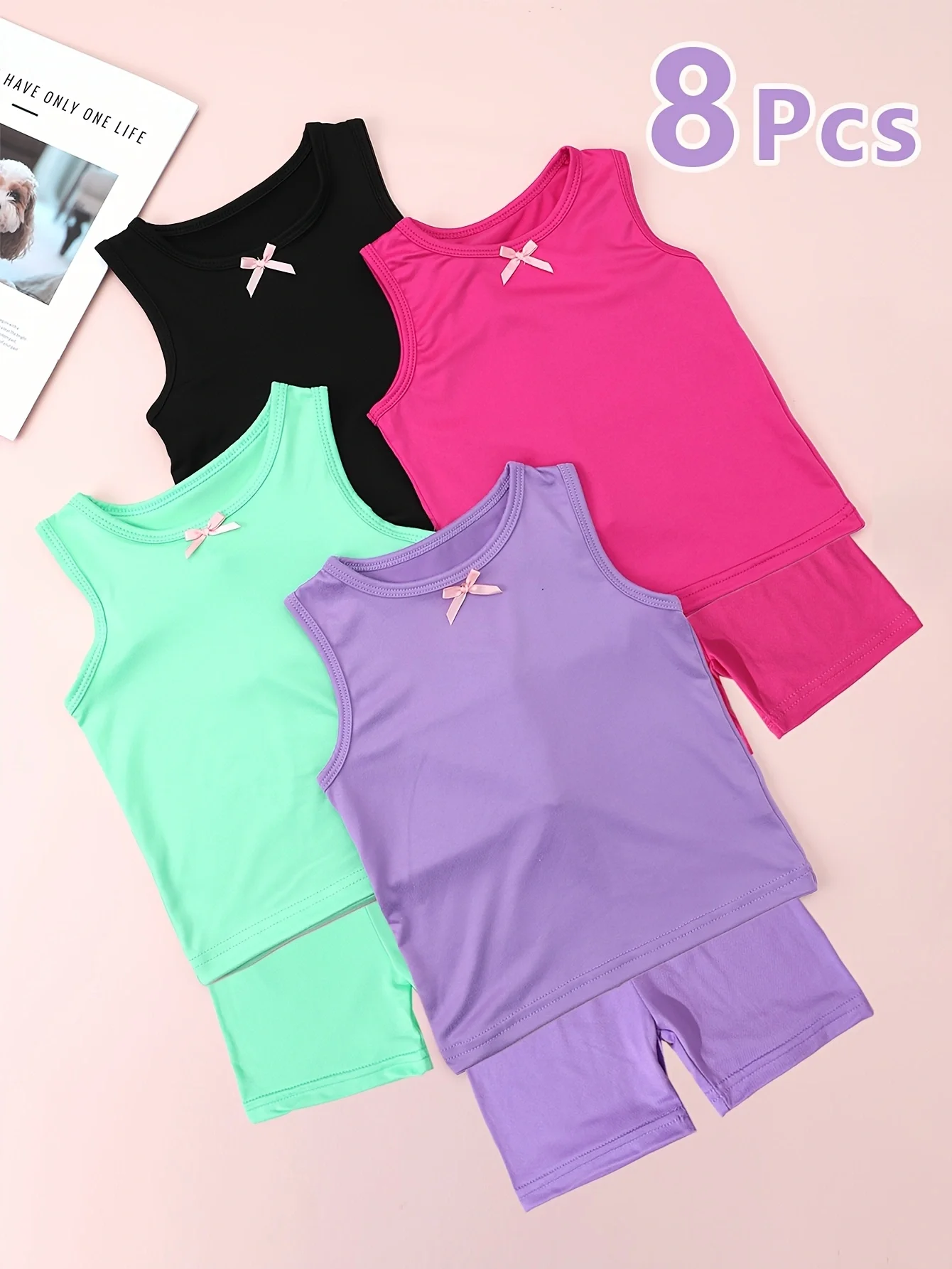 8 Piece Girls Solid Color Tank Top & Shorts Sportswear Set 4 Sets,Soft Breathable Cool Suitable for Children Aged 2-10Y Daily Wear