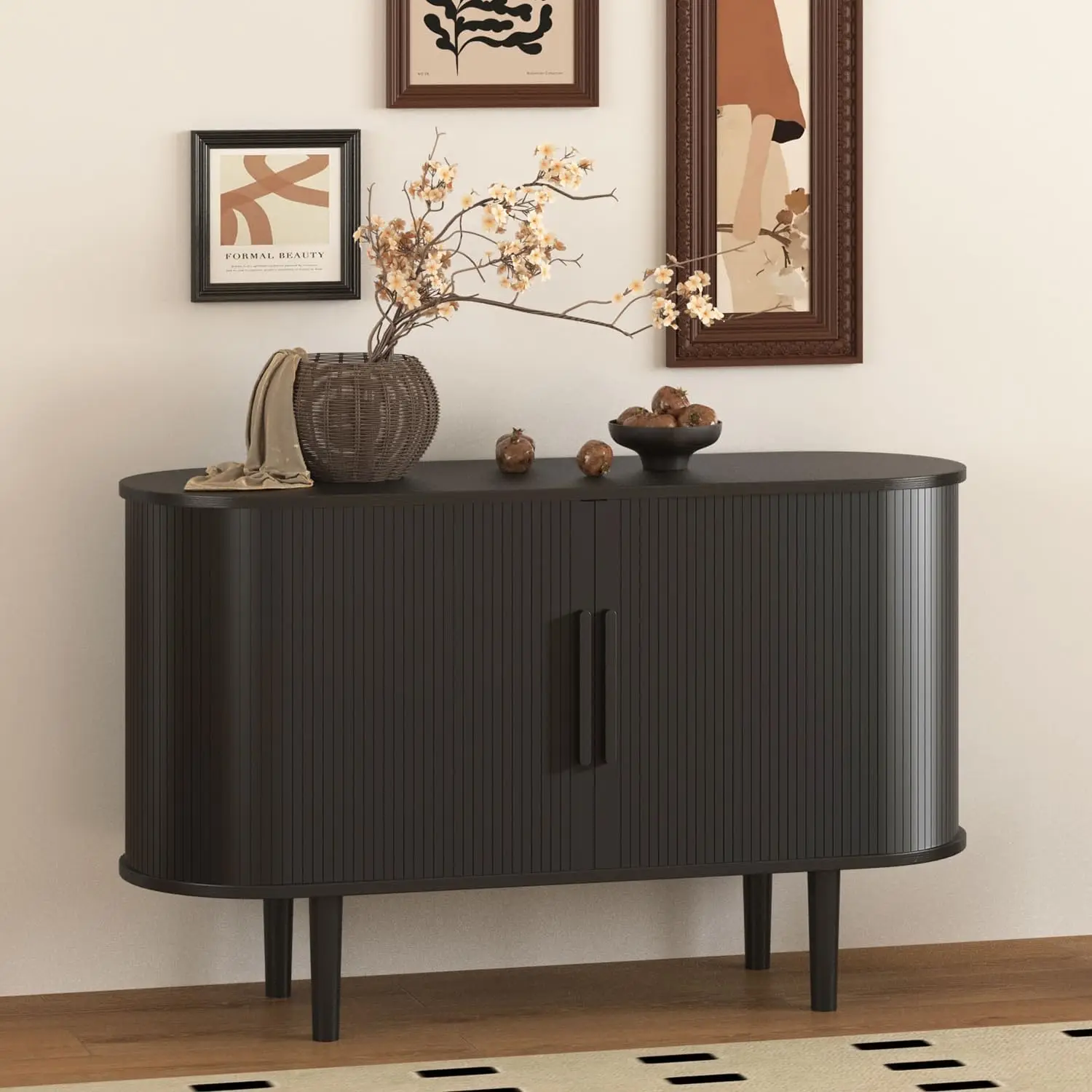 Sideboard Tambour Storage Cabinet, Black Corner Cabinet with Doors and Shelves, Fluted Sideboard Cabinet for Kitchen