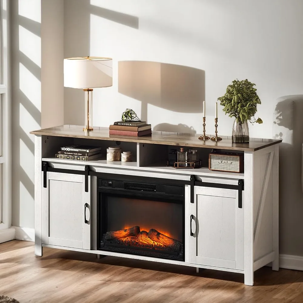 ボンロ ファームハウス暖炉型テレビスタンド＆エンターテイメントセンター（70インチテレビ対応、スライド式納屋戸付き、23インチ電気LED炎暖炉付き）