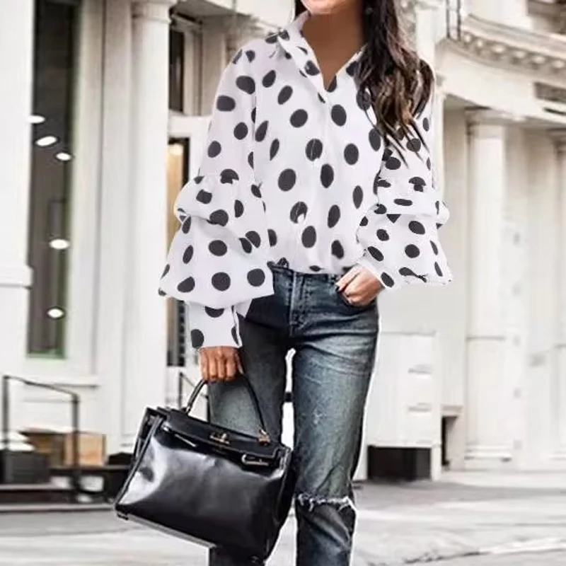 Fashion Polo-neck Polka Dot Long Sleeve Blouse Elegant Autumn Office Lady Shirt Casual Loose Tops Women\'s Clothes Blusas 18308