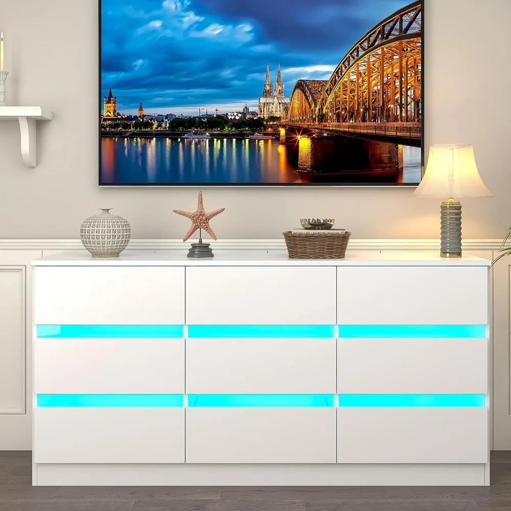 

9 Drawer Dressers for Bedroom, Modern Dresser with LED Lights, LED Dresser with Tempered Glass Element, Long Dressers