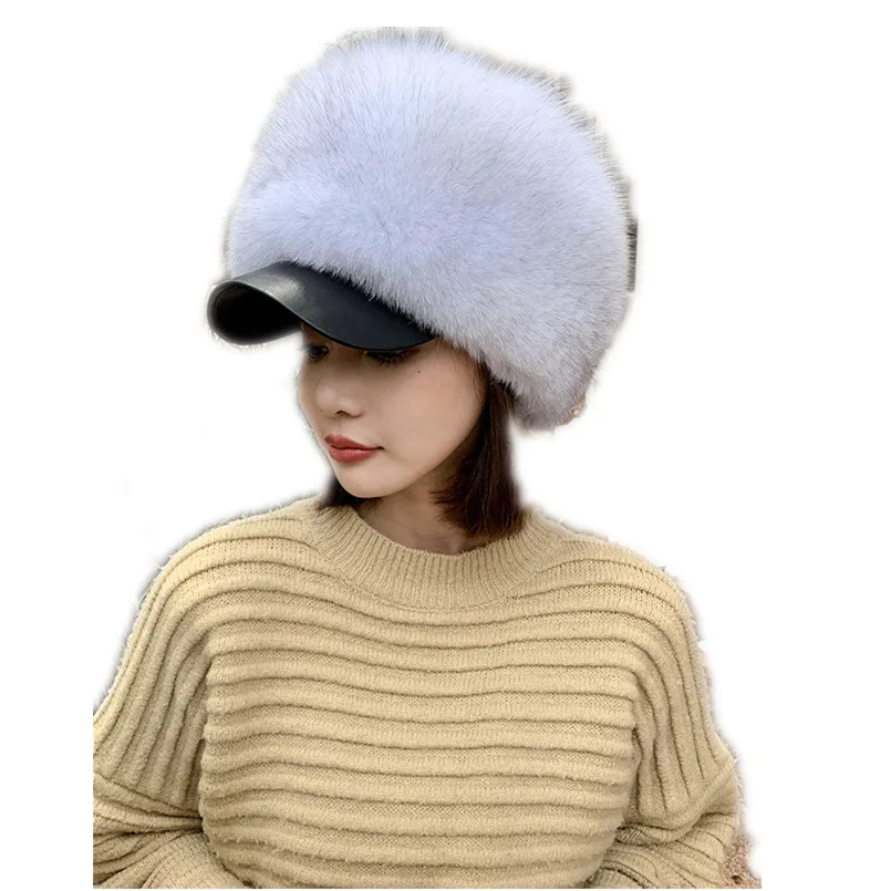 

Fashion Real Silver Fox Fur Hats with Brim Winter Full Plet Round Cap Russian Fluffy Popular Baseball Caps