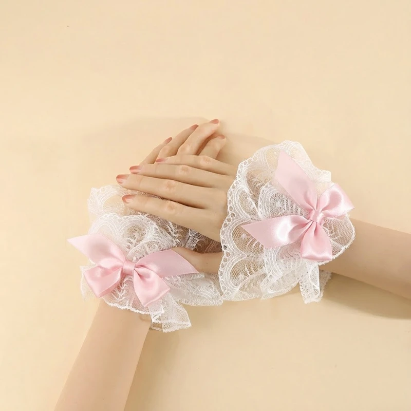 Sweet  Lolita Lace Bowknot Wrist Cuffs Bride Wedding Party Fake Sleeves Bracelet Girls Cosplay Costume Accessories