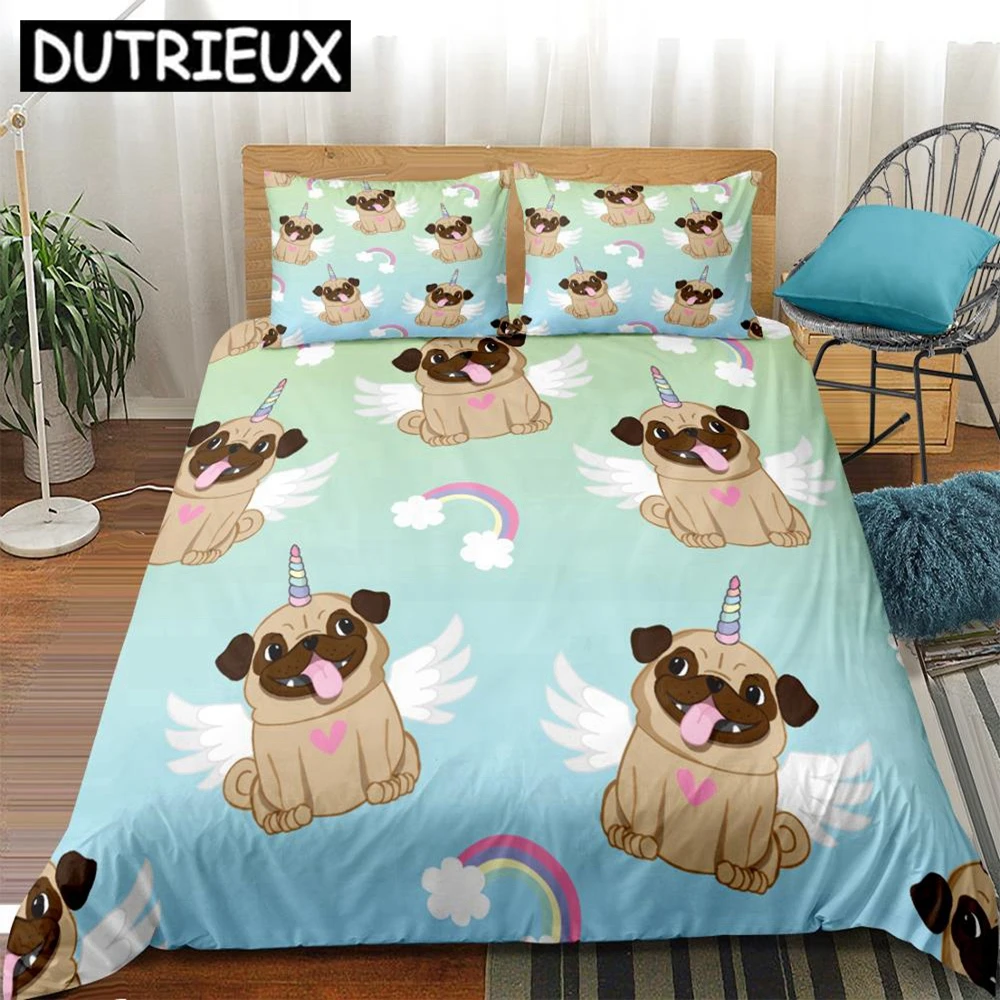 

Rainbow Pug Bedding Set Fashion Unicorn Dog Duvet Cover 3pcs Blue For Girls Quilt Cover Set Cartoon Pattern Home Textiles