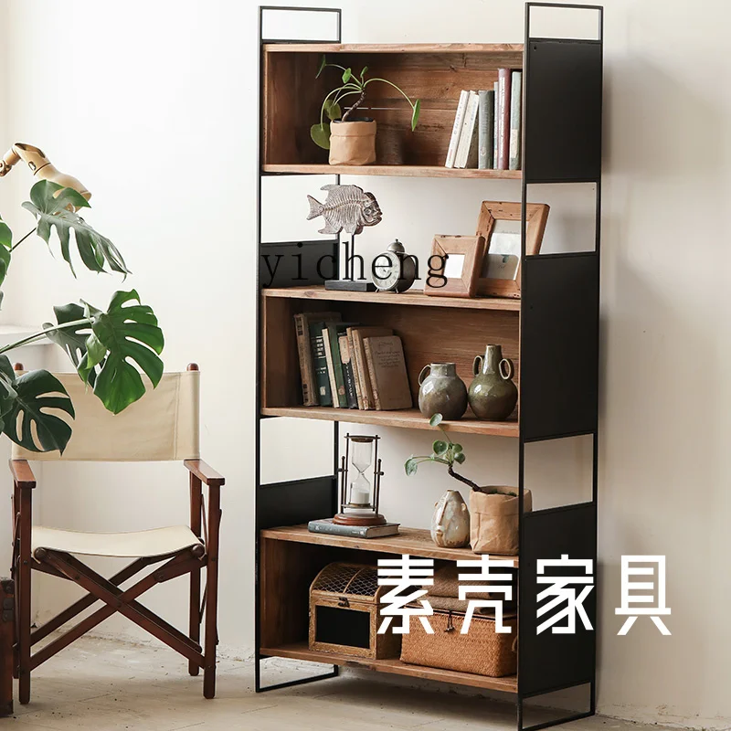 ZF Iron Stand Solid Wood Display Cabinet Living Room Wall Floor Storage Rack Modern Industrial Style Multi-Layer Bookcase