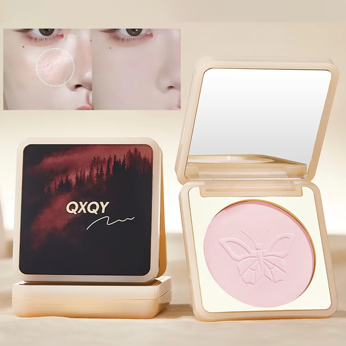 QXQY Oil Control Soft Focus Pressed Powder Matte Compact Lasting No Cakey Full Coverage Concealer Face Tightening Makeup