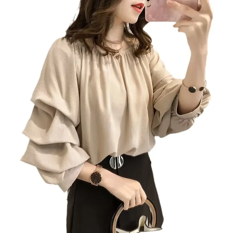 New Elegant Korean-Style Chiffon Off-The-Shoulder Top Women's Loose-Fit Bubble Top Slimming Solid Color Base Layer Top