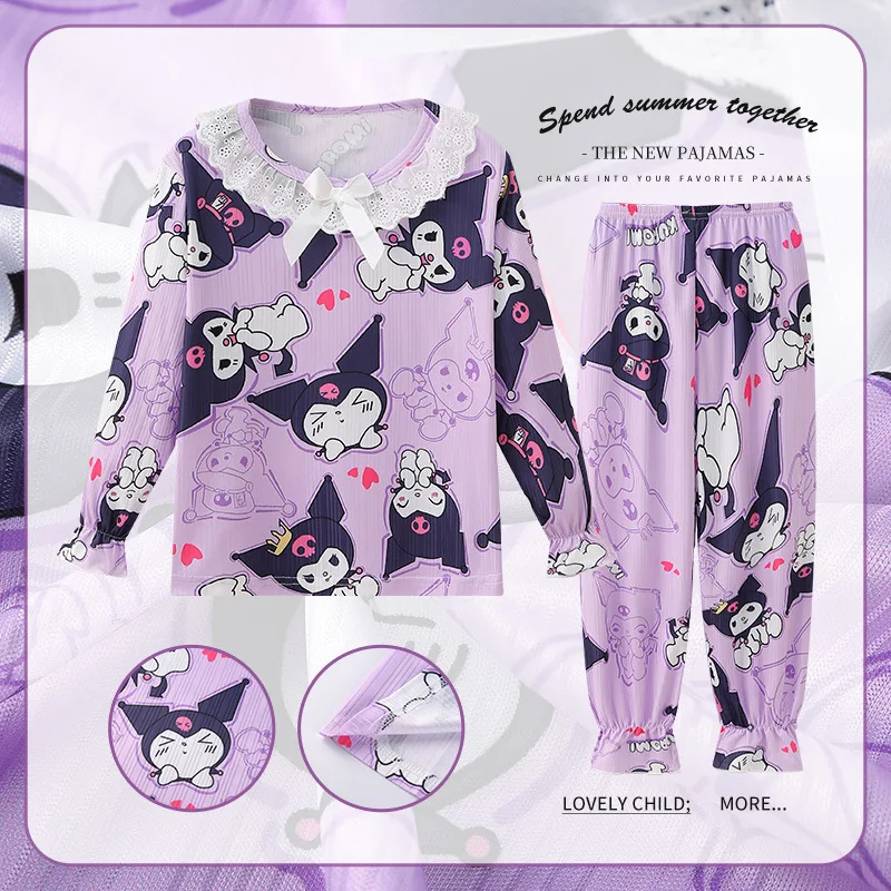 2024 New Sanrio Kuromi Stitch Hello Kitty Pajamas Set Girl Clothes Pants Tops Children Sleepwear Home Blue Loungewear Family