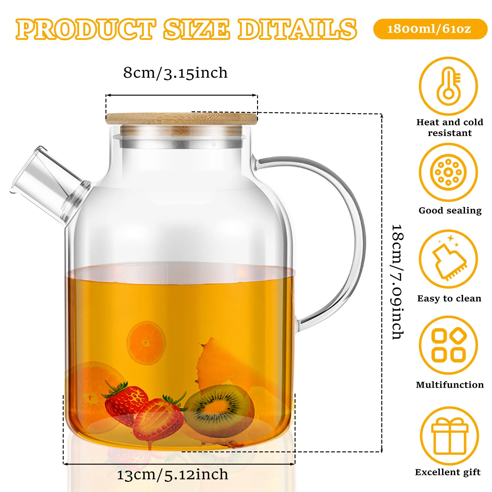 1.8L Glass Pitcher with Lid Large Capacity Clear Glass Water Pitcher Heat Resistant Explosion-Proof for Hot Cold Tea Juice