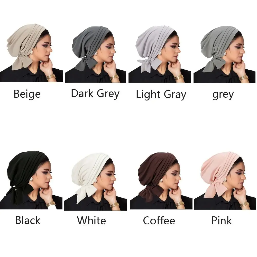 Novo pré-amarrado muçulmano feminino hijab bonnet cor sólida plissado turbante quimio boné camurça superfície mujer câncer islâmico headwear cachecol