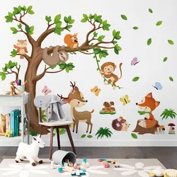 Pegatina autoadhesiva de dibujos animados para decoración de pared, árbol, ciervo, zorro, mono, sala de estar, habitación de niños