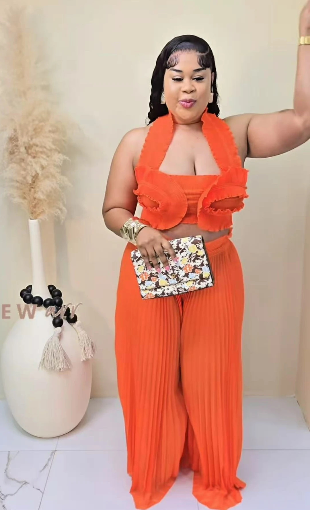 

Miyake Pleated New Sexy Suspender V-neck Top Large Skirt Trousers Set Fashionable Solid Color Two Piece Sets Womens Outifits