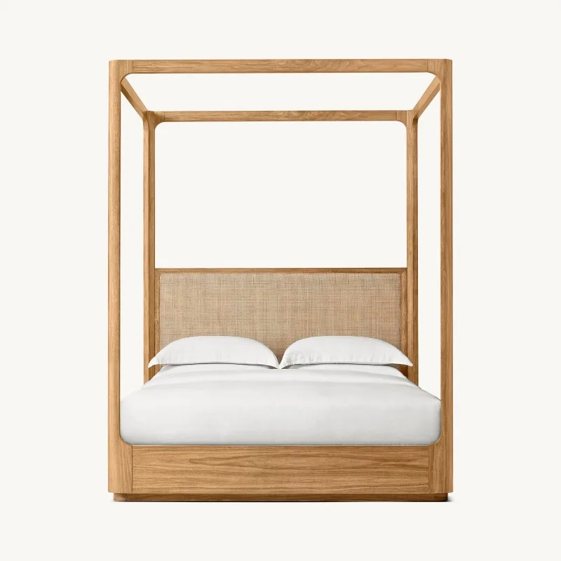 Luxury Modern Santiago Bedroom Furniture Frame Solid Oak Wood Cane King Size Canopy Beds