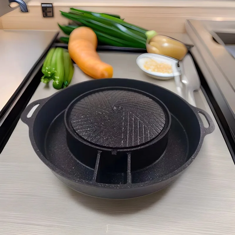 Gas rinse and roast integrated pot multi-functional commercial open flame water fry meat barbecue hot pot non-stick household