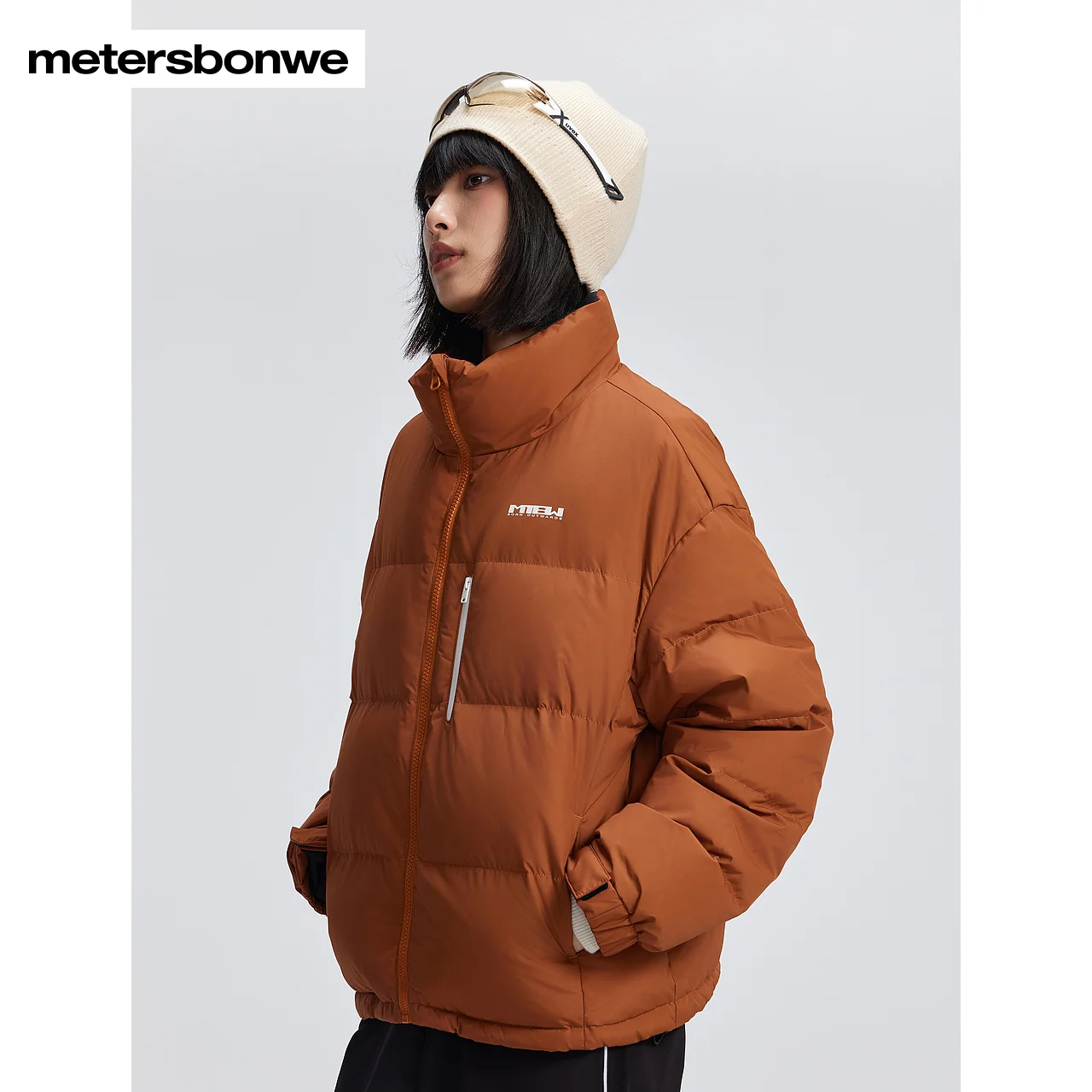 Metersbonwe Women Stand Collar Windproof Warm Down Jacket  Adjustable Hem Short Loose Color Clash  Winter Down Parker Coats