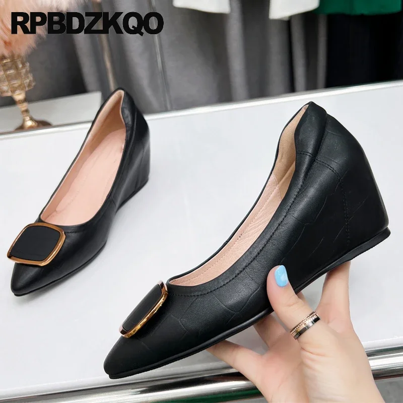 High Heels 33 Hidden Height Increasing Slip On Elevator Pumps Small Size Pointed Toe Metal Cow Leather Wedges Women Shoes Comfy