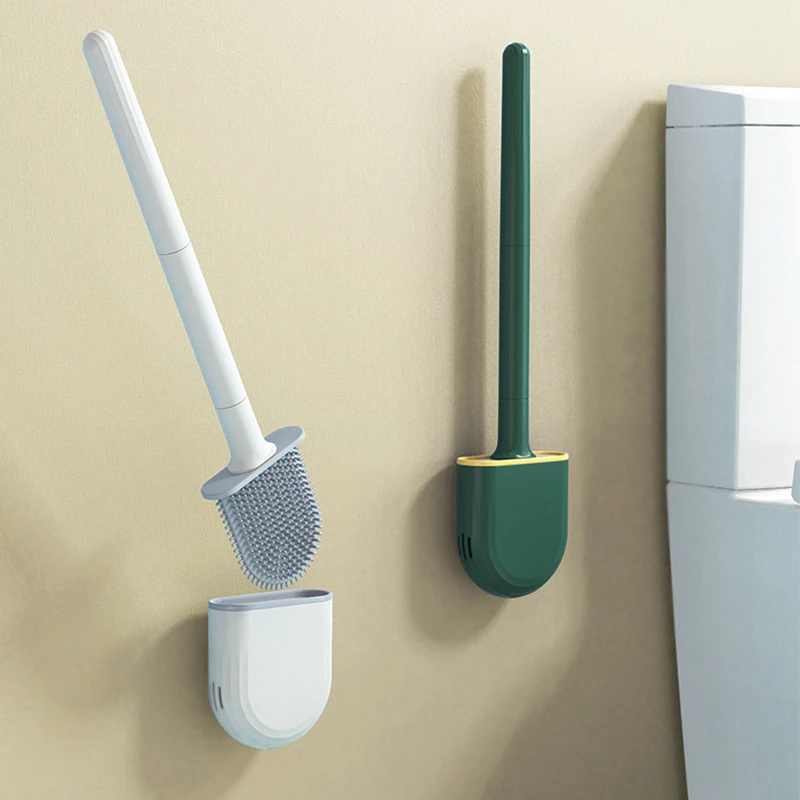 Toilet Brush Water Leak Proof With base Silicone Wc Flat Head Flexible Soft Bristles Brush with Quick Drying Holder Set