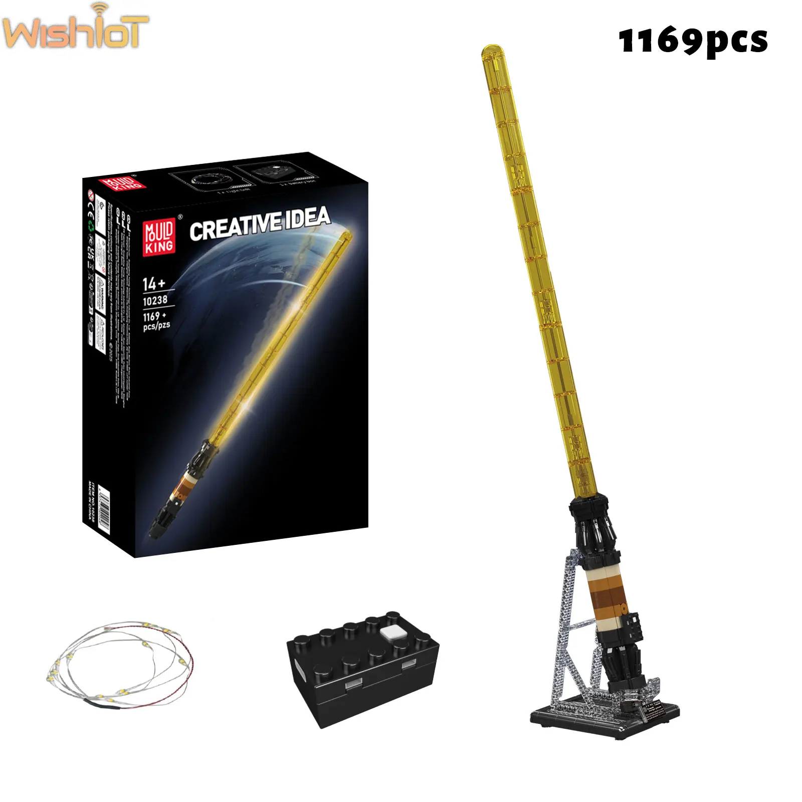 

1169 шт. Mold King 10238 световой меч, строительные блоки, сборная модель со световым ремнем, батарейный отсек, подставка, игрушки-головоломки, праздничные подарки
