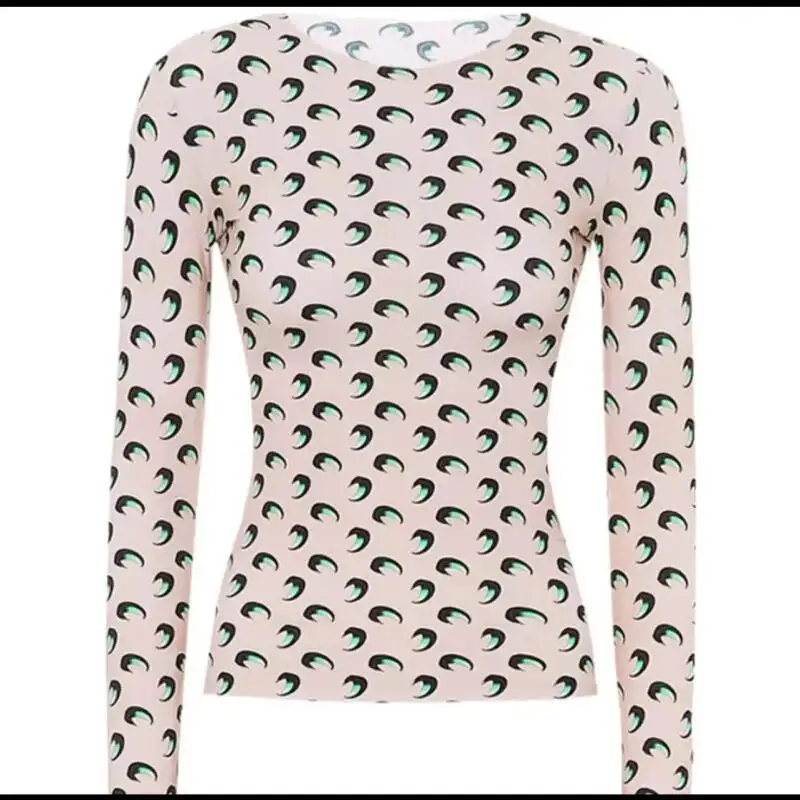 Korean Classic Top Women Long Sleeve Tshirt Moon Print Spring Summer Elastic Sunscreen Versatile Thin Fold Design