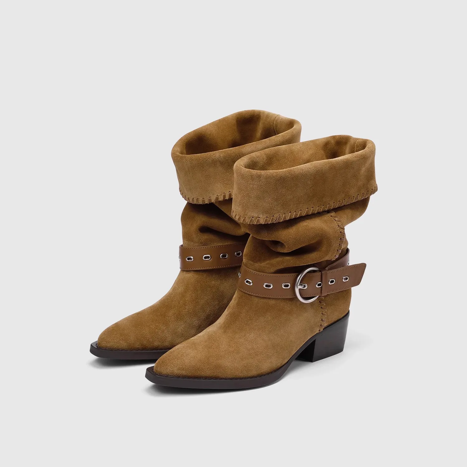 Women's Retro Mid-tube Pointed Boots Knight Short Boots Mid-heel Pleated Western Cowboy Pile Boots Casual Outdoor Cosplay Shoes