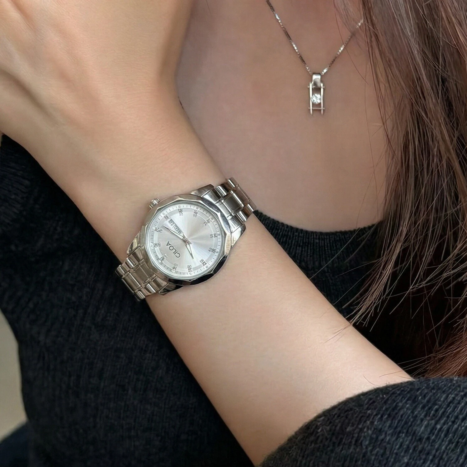 CILOA-Quartz Watch For Women Round Case Sparkling Dial Stainless Steel Bracelet Analog Wristwatch Daily Gift-764