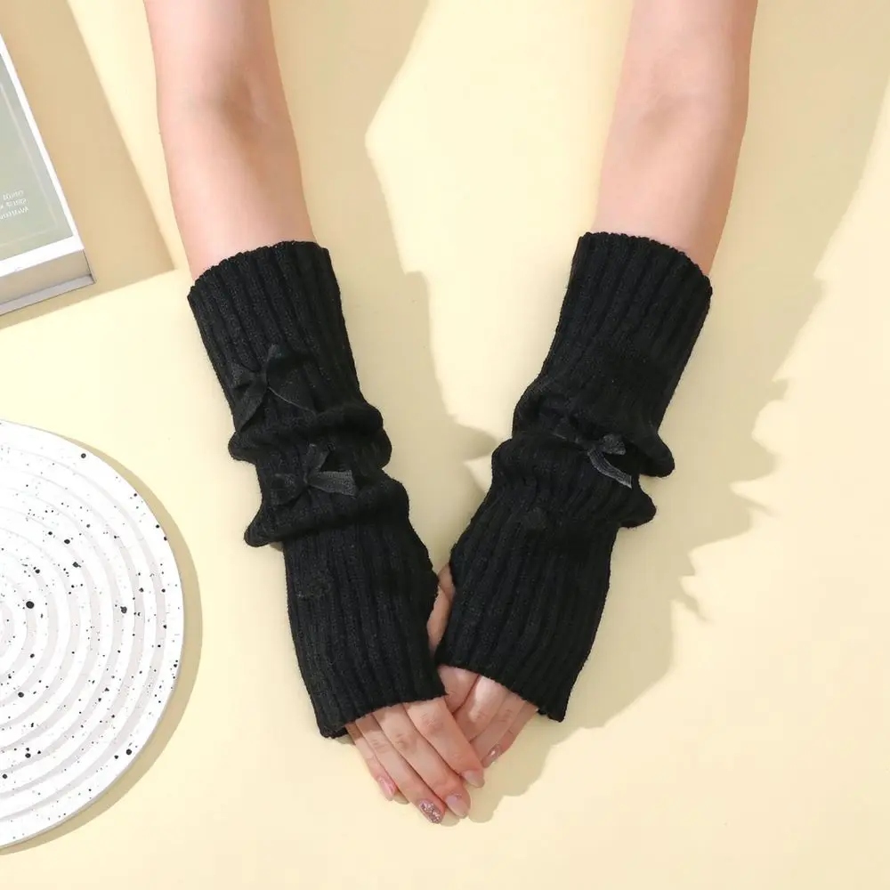 Cute Bowknot Arm Warmers Women Winter Knitted Fingerless Gloves Aesthetic Sweet Style Cozy Stacking Hand Sleeves