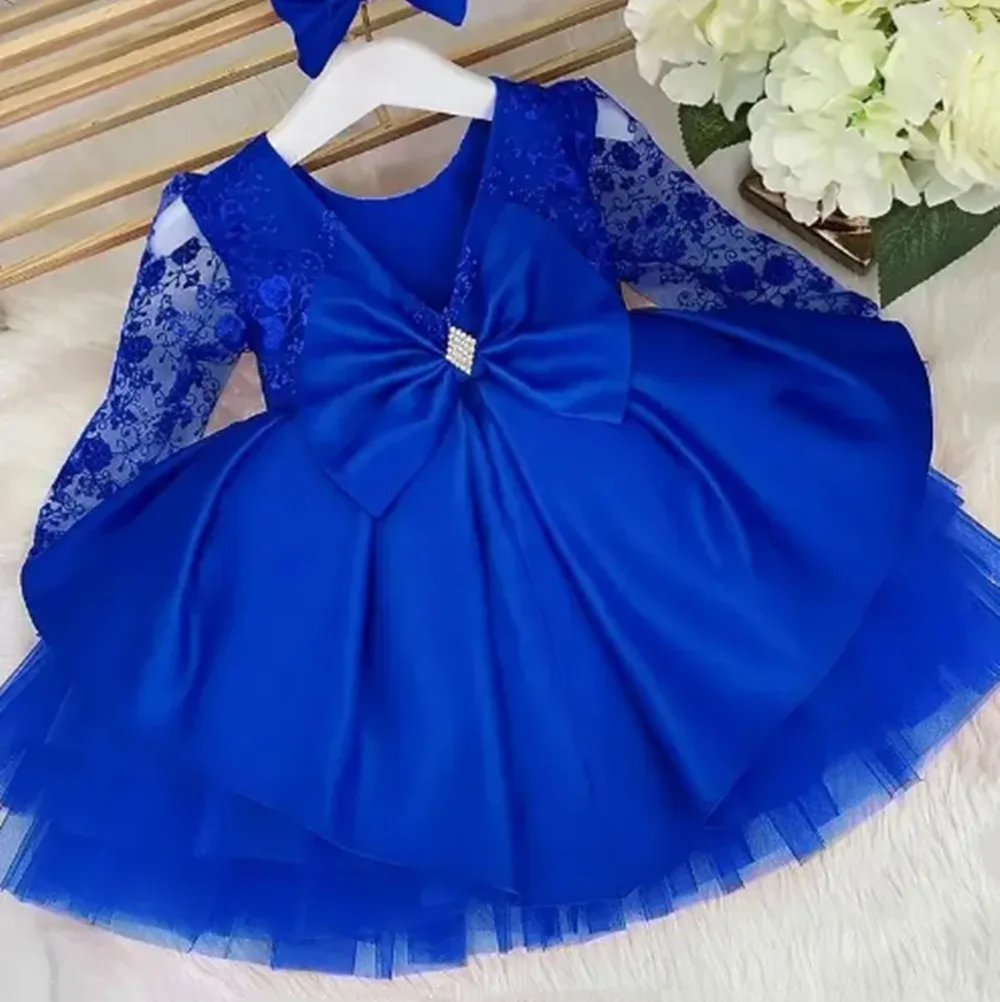 

Customized Royal Blue Flower Girl Dresses For Wedding Lace Full Sleeves Puffy Toddler Birthday Party First Communion Ball Gown