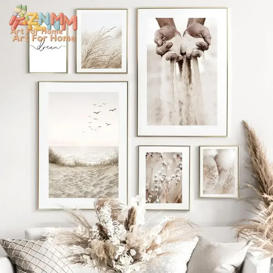 AZNM Neutral Boho Beach Canvas Print, Pampas Grass Shell Sea View Dream Quote Unframed Canvas Painting, Bedroom Aesthetic Wall A