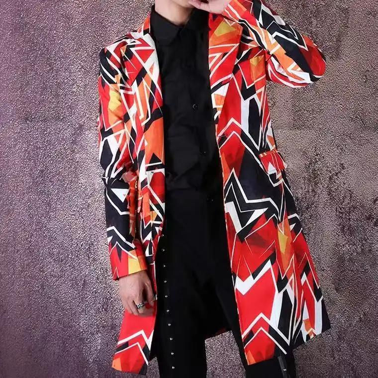 هندسية اللون طباعة الرجال عارضة بدلة طويلة سترة ملهى ليلي بار المغني العصرية مصفف شعر معطف الهيب هوب الرقص مرحلة الملابس #5