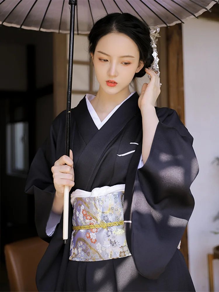 Retro Style Women's Long Dress Traditional Japanese Kimono Black Color Yukata Bathrobe Cosplay Clothing Photography Dress