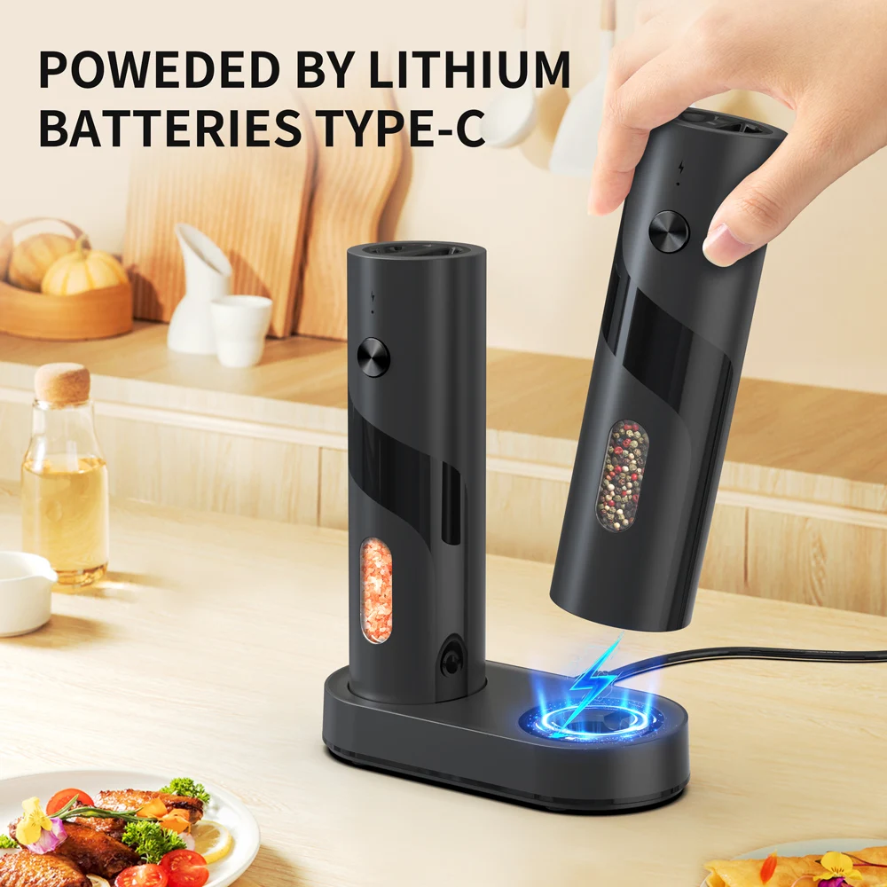 2 Stück, elektrisches Salz- und Pfeffermühlen-Set, wiederaufladbar, 3,38 Unzen Fassungsvermögen, Pfeffermühle für Küche, Camping und Picknick, schwarz.