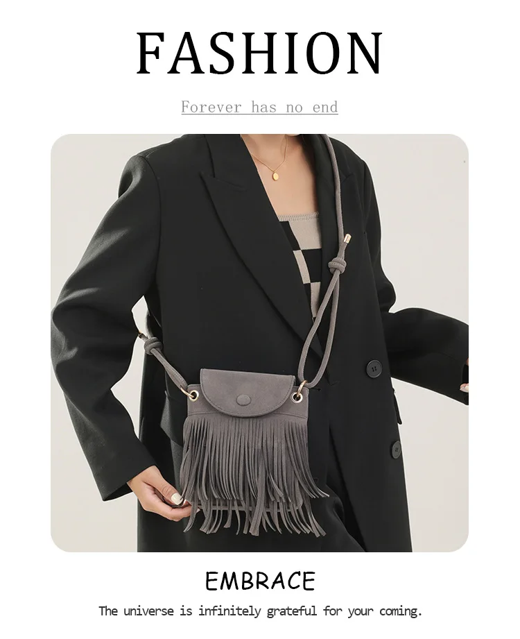 Trendige Leder-Umhängetasche mit Quaste, einfarbig, für Damen, Messenger-Tasche mit Fransen-Design und verstellbarem Riemen, Alltags-Umhängetasche – Detail 1