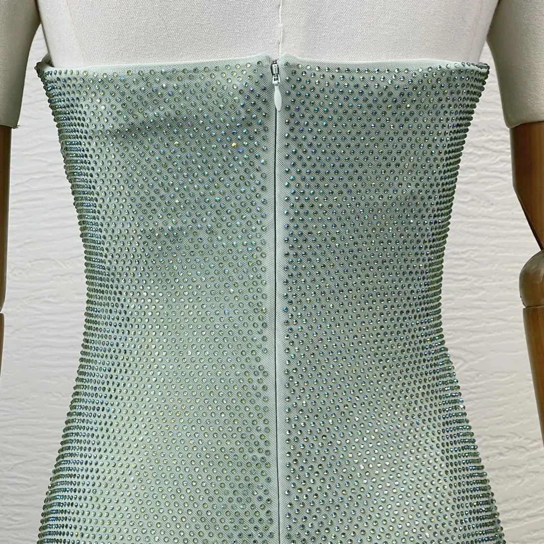 Vestido maxi de tubo sem mangas feminino, diamantes verdes recortados dobras, qualidade superior, luxo, última coleção, para festa, 2023