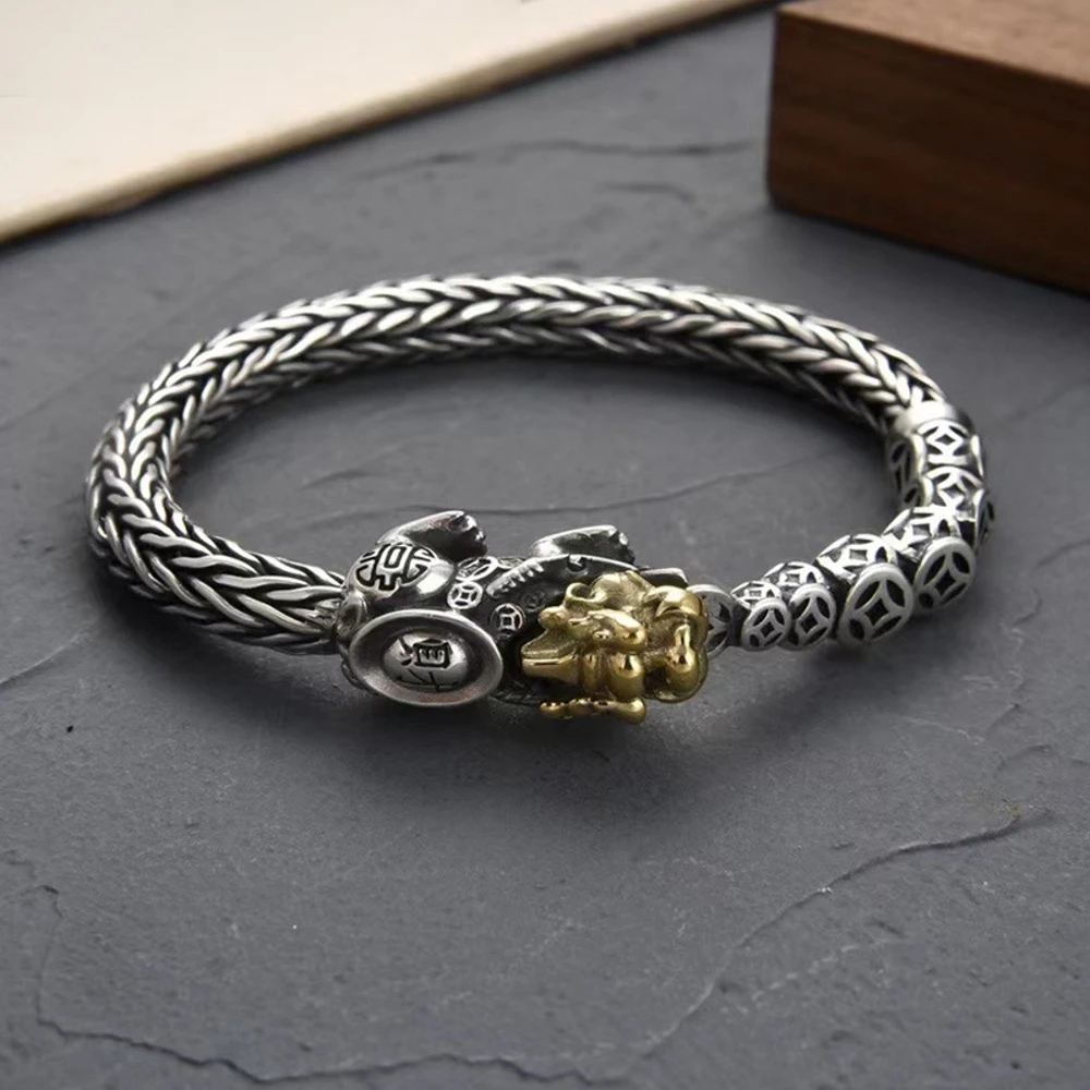 

Real Pure S925 Sterling Silver Chain Men Coin Pixiu Braided Foxtail Wheat Bracelet