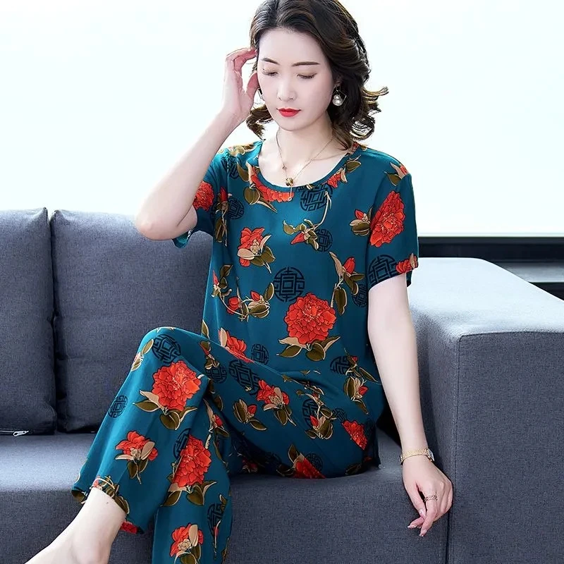 Women Summer Sets NEW Middle Aged Elderly Mother Cotton Silk Suit Casual Print Short Sleeve Top + Pants 2 Piece Set Femme Outfit