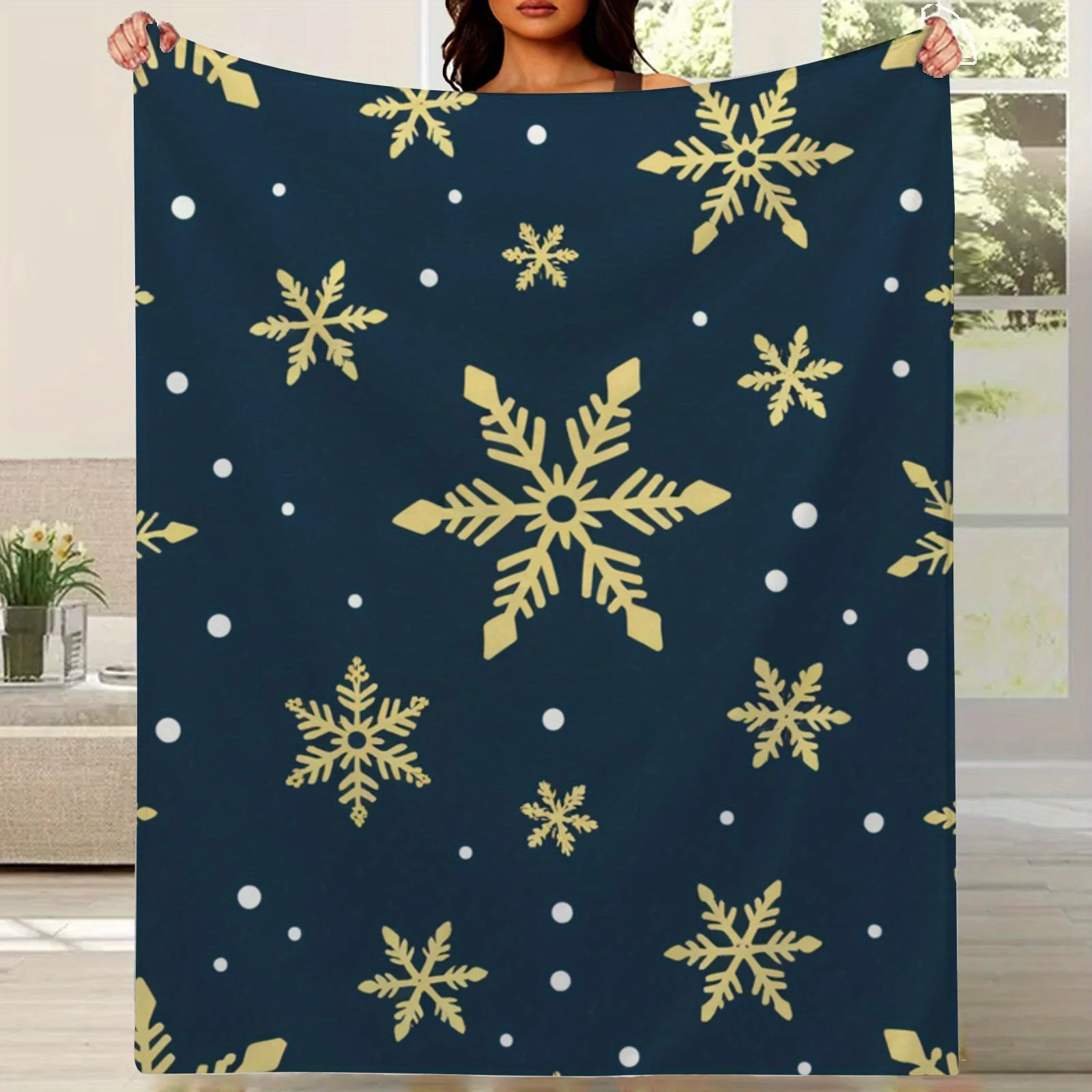 Luxury 280GSM Flannel Blanket - Dark Navy & Golden Snowflake Pattern, All-Season Soft Warm Throw for Bed, Sofa, Travel - Contemp