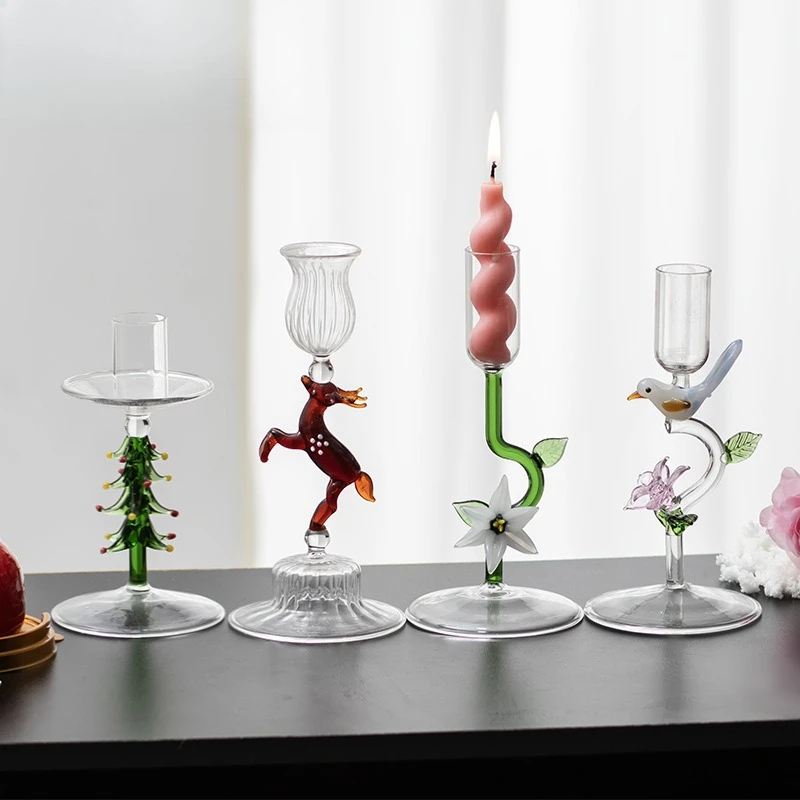 

LTT high foot light luxury pink flower and bird romantic candlestick heat-resistant glass candlestick ornament
