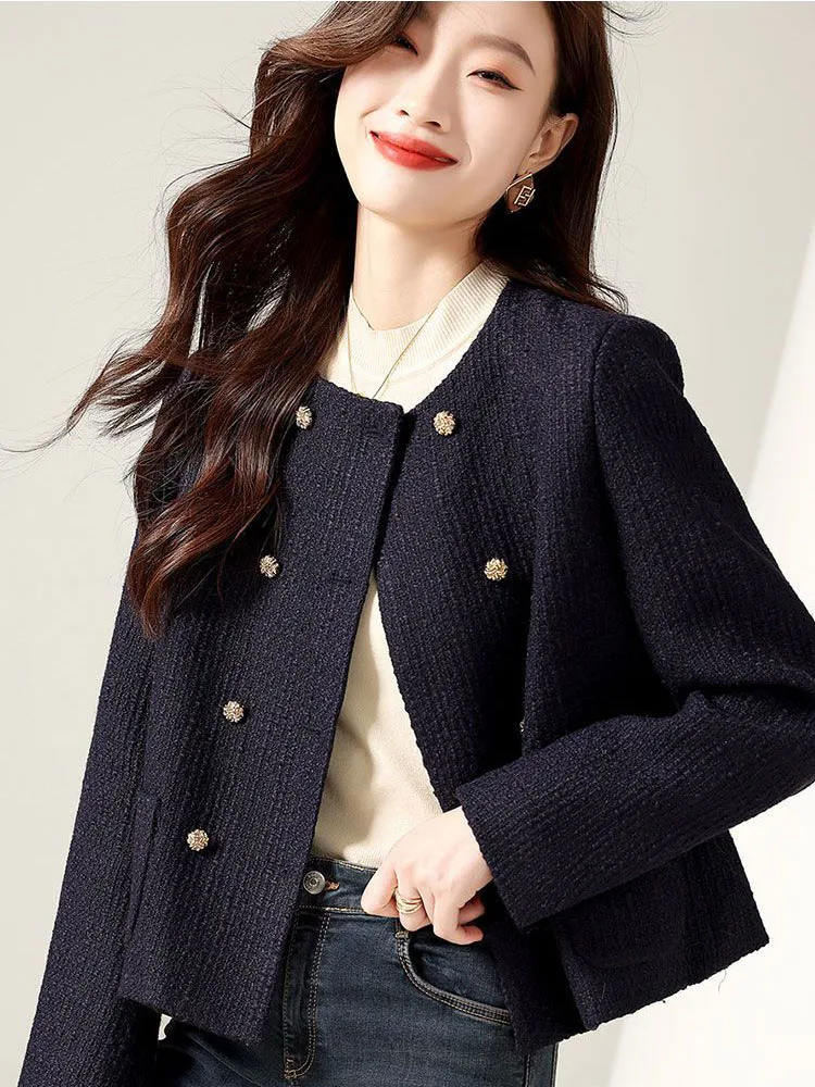 

Zoki Casual Fashion Women Black Jackets Korean Elegant Long Sleeve Chic Coat Design Double Breasted Office Lady Tweed Jacket Top