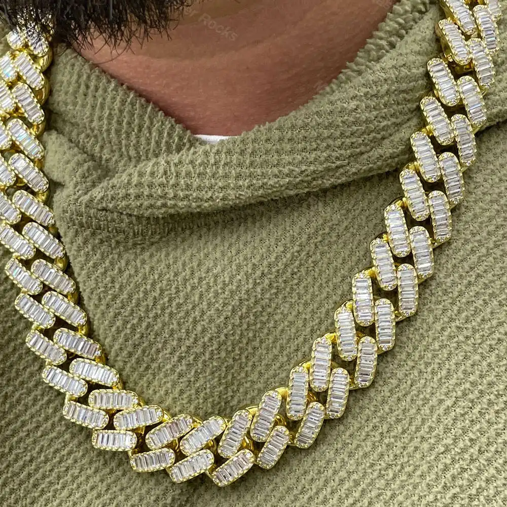 New Arrival Iced Out 15mm 925 Silver Moissanite Cuban Link Chain Heavy Gold Baguette Cuban Link Chain with Gra