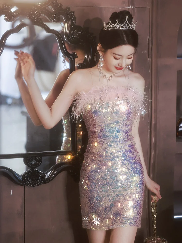 

Faionable Birthday Par Dr Sparkling Sequins Strapl Evening Gown Luxury Sensation ort Wrap Bodycon for Women