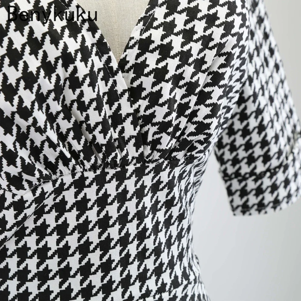 Houndstooth Women Vintage Plaid Dress 2026 Summer Sexy V Neck Half Sleeve Robe Retro Casual Party Rockabilly 50s 60s Swing Dress - view 4