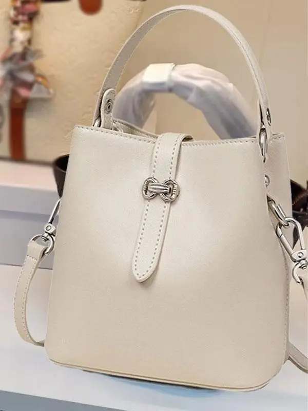Casual Leather Bucket Bag Women's Single Shoulder Zipper Handbag Fashionable  Knot Small Size Crossbody Bag