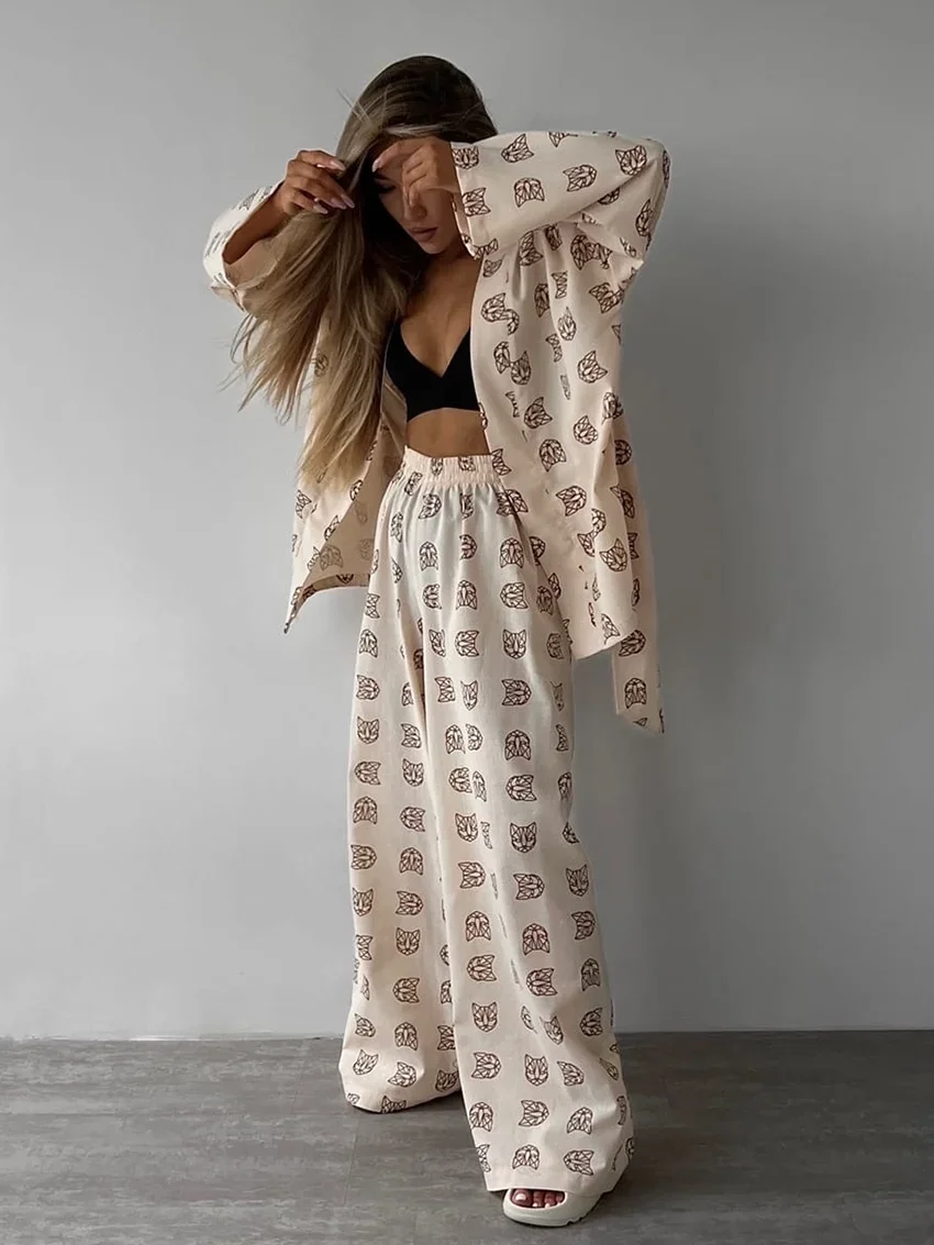 TXii Casual Loose Print Pajamas Women Night Wears Elegant Long Sleeve Lace-Up Robes With Wide Pants Set Female Sleepwear