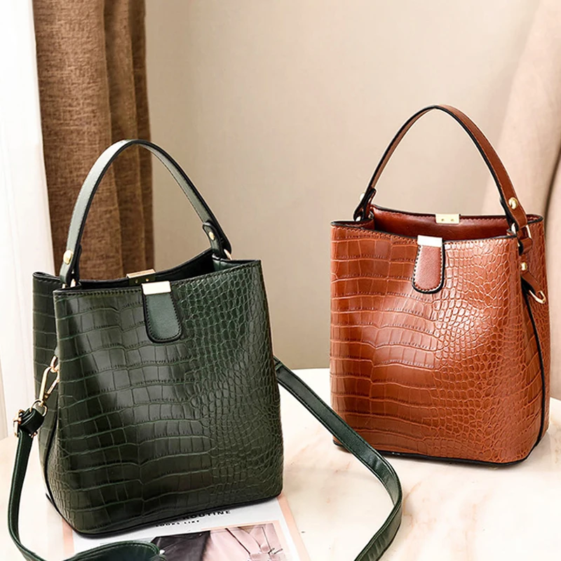 Retro Alligator Bucket Bags Women Crocodile Pattern Handbag Capacity Casual Crocodile Shoulder Messenger Bags Ladies PU Purse