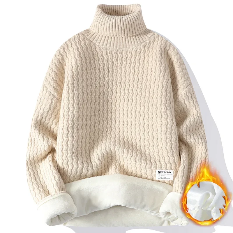 

2023 Winter Men Fleece Warm Sweater Men Turtleneck Knit Pullovers Mens Casual Knitted Sweaters Male Solid Color Knitwear Man