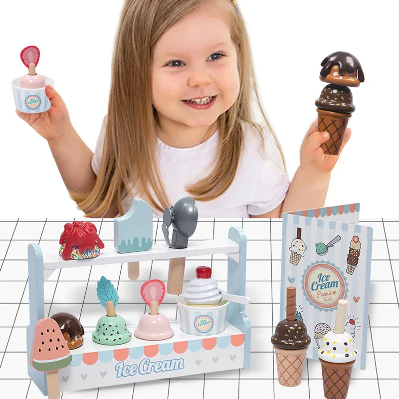 

Wooden Play House Children's Simulation Ice Cream Counter Maker Cake Cone Dinner Food Miniatures Kitchen Game for Girls Toy Set