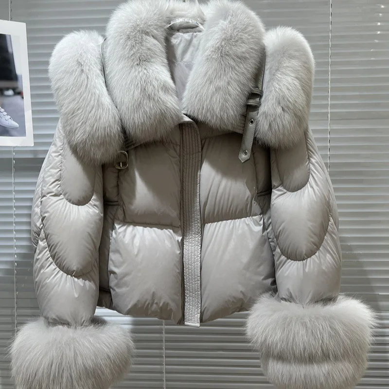 

New Natural Fox Fur Collar Puffer Jacket Winter Clothing Women Fashion Loose White Duck Down Caot Loose Real Fur Parker Overcoat