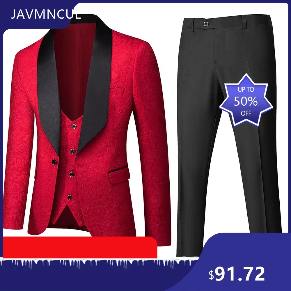 Men's Slim Fit Jacquard 3-Piece Suit, Business Casual Wedding Groom Party Formal Suit, Plus Size, Cross-Border