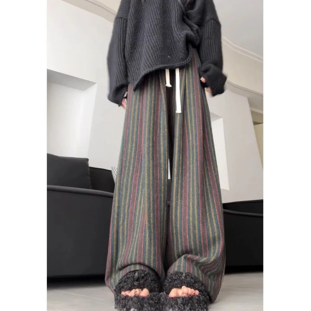 Striped Woolen Lazy Style Casual Wide-Leg Pants Women's 2024 Autumn And Winter New Drape High-Waisted Straight Mopping Pants